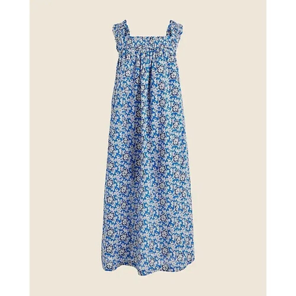 J.Crew Cotton voile ruffle-trim shift dress in cobalt floral L